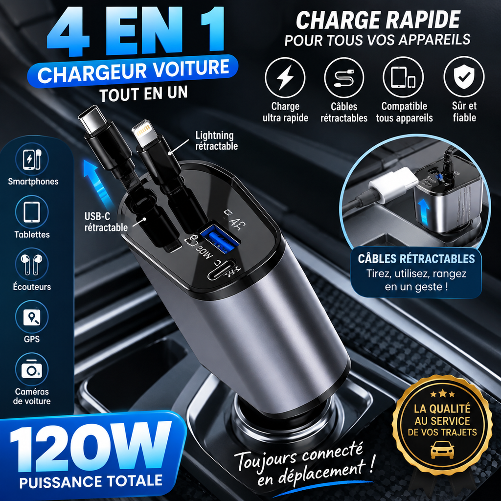 Chargeur Voiture Rétractable 4-en-1 — Rechargez Tout, Partout