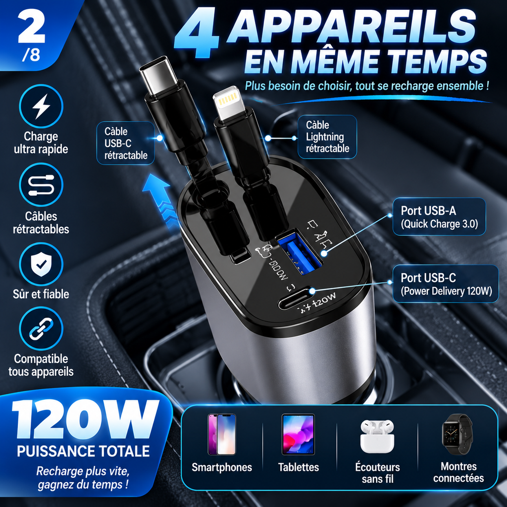 Chargeur Voiture Rétractable 4-en-1 — Rechargez Tout, Partout