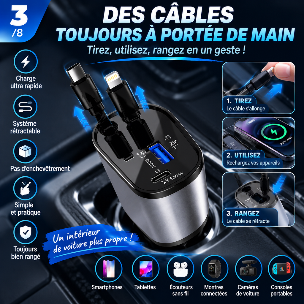 Chargeur Voiture Rétractable 4-en-1 — Rechargez Tout, Partout