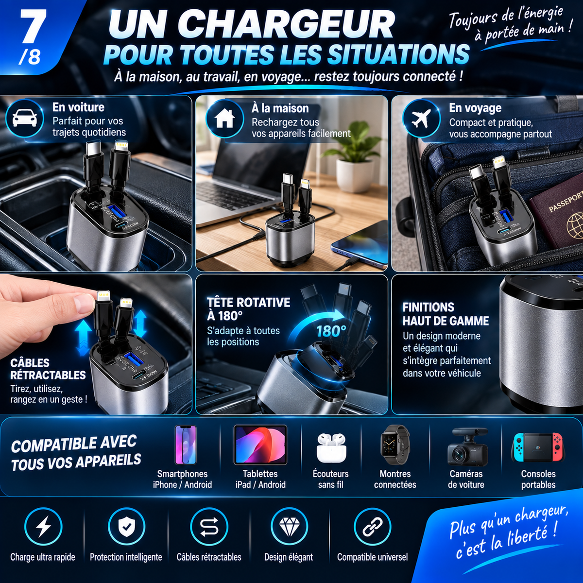 Chargeur Voiture Rétractable 4-en-1 — Rechargez Tout, Partout