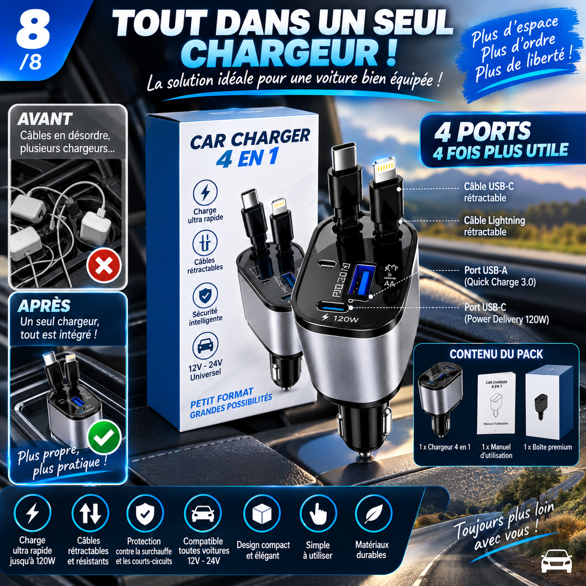 Chargeur Voiture Rétractable 4-en-1 — Rechargez Tout, Partout